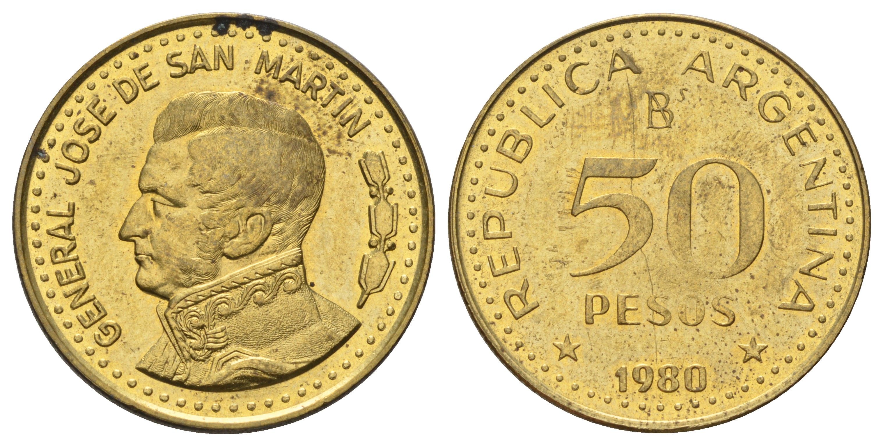 Аргентина 50 песо 1980 KM 83a сталь плакированная латунью UNC 4597-431