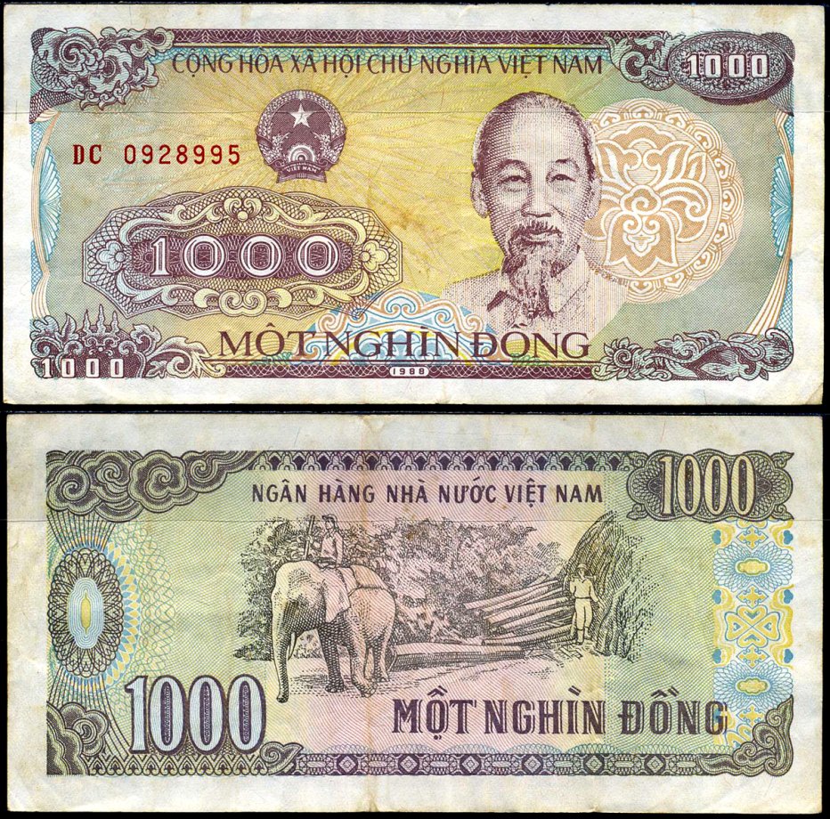 Вьетнам 1000 донгов 1988 Хо Ши Мин, маленькая серия Pick 106а бумага 8589-32-3-1