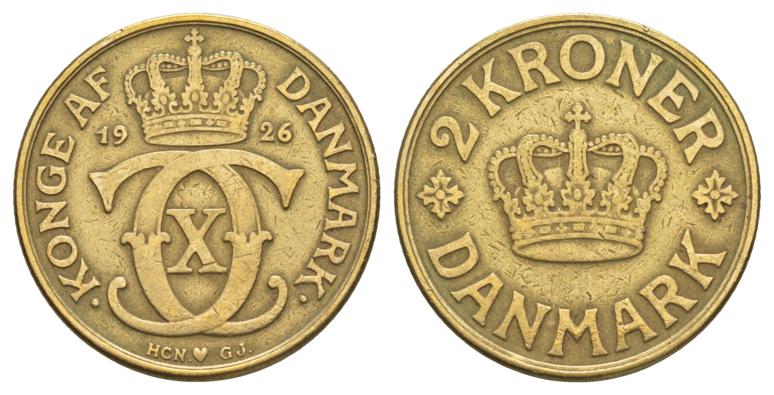 Дания 2 кроны 1926 HCN; GJ, Кристиан X (1912-1947) KM 825 алюминиевая бронза 82-1121