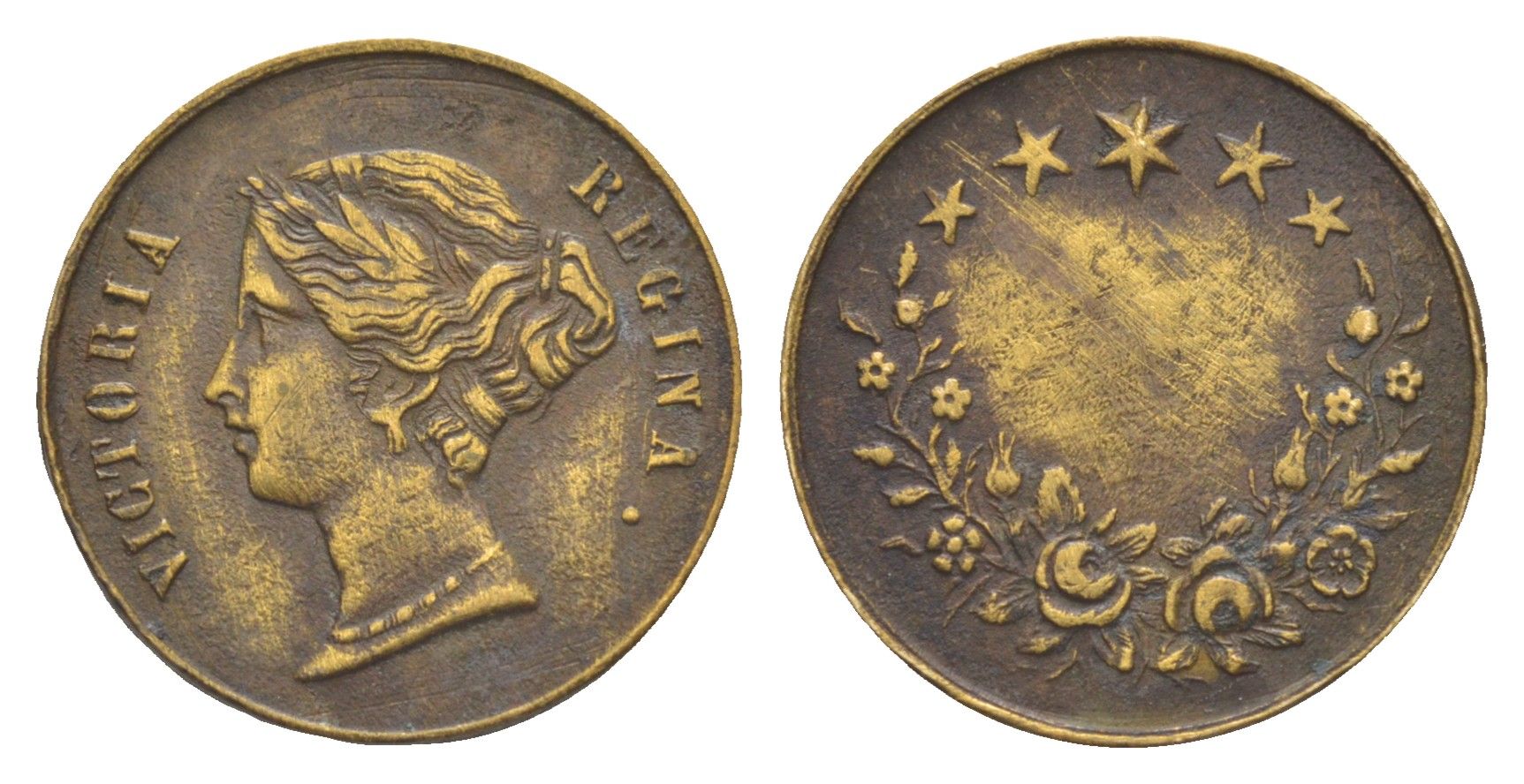 Великобритания жетон "Королева Викотрия" XIX век вес 3,3 гр, диаметр 21,5 мм латунь 75-243