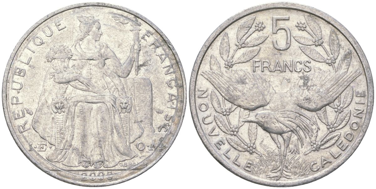 Французская Новая Каледония 5 франков 2008 птица кагу, (IEOM) KM 16, Schoen 12, Lec 81k алюминий 221-625