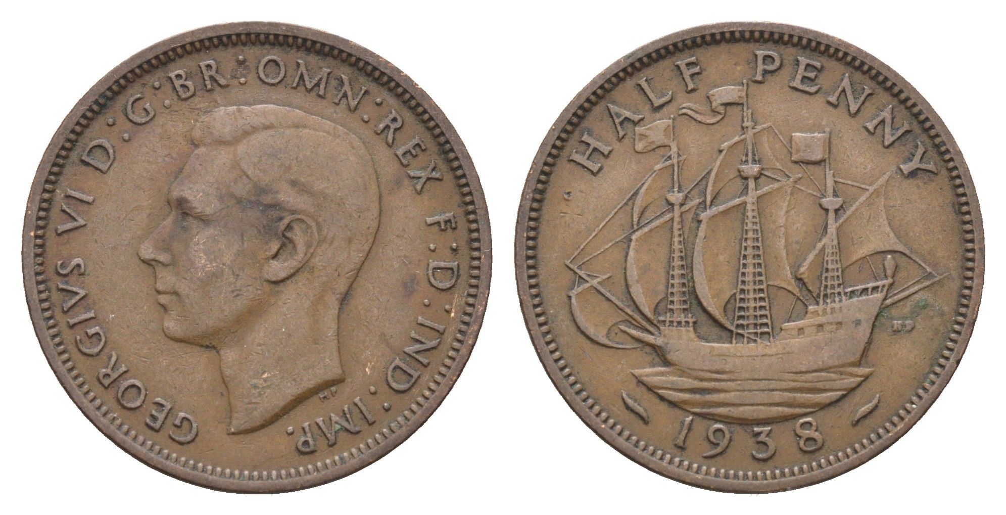 Великобритания 1/2 пенни 1938 Георг VI (1936-1952) KM 844, Spink 4115 бронза 4662-1045