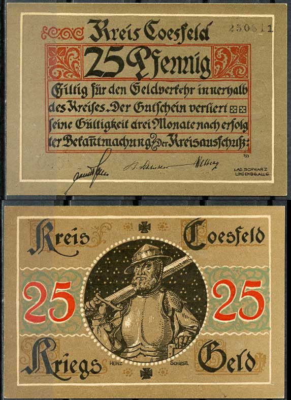 Германия, Косфельд 25 пфеннигов 1918 нотгельд, 6 цифр в номере Tieste 1185.05.01 бумага UNC (пресс) 444-76-2-2