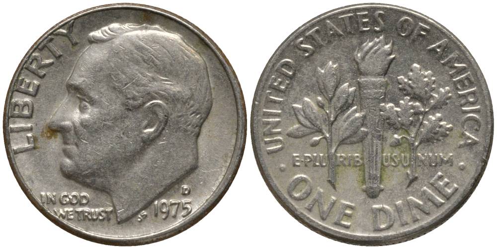 США 10 ЦЕНТОВ = 1 ДАЙМ 1975 D, РУЗВЕЛЬТ KM 195а медь плакированная медно-никелем 3955-862