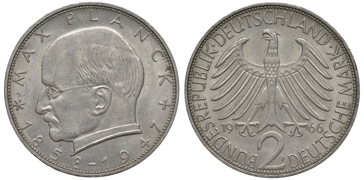 ФРГ 2 марки 1966 F, Макс Планк KM 116,  J. 392 медно-никель плакированный никелем 4123-812