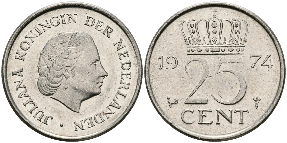 НИДЕРЛАНДЫ 25 ЦЕНТОВ 1974 ЮЛИАНА KM 183 никель 96-237