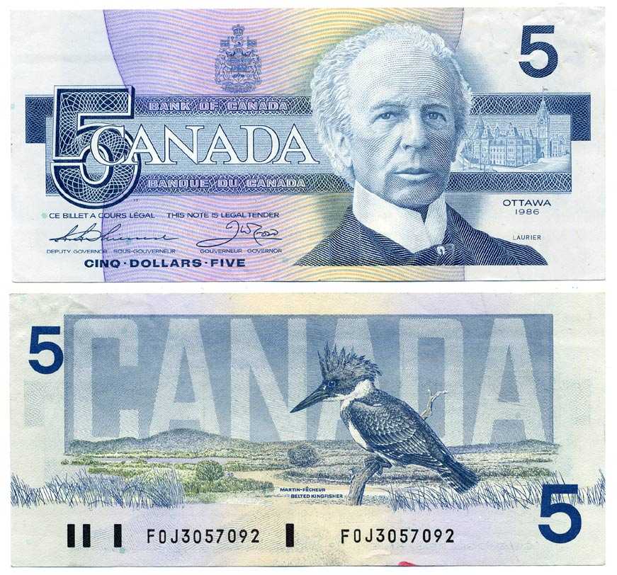 КАНАДА 5 ДОЛЛАРОВ 1986 УИЛФРИД ЛОРЬЕ, ПОДПИСЬ THIESSEN-CROW Pick 95b бумага 7375-26-3-2