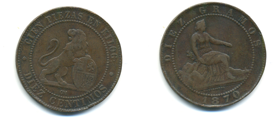 Испания 10 сентимо 1870 ОМ, лев со щитом KM 663 (Y54) медь 176-1135