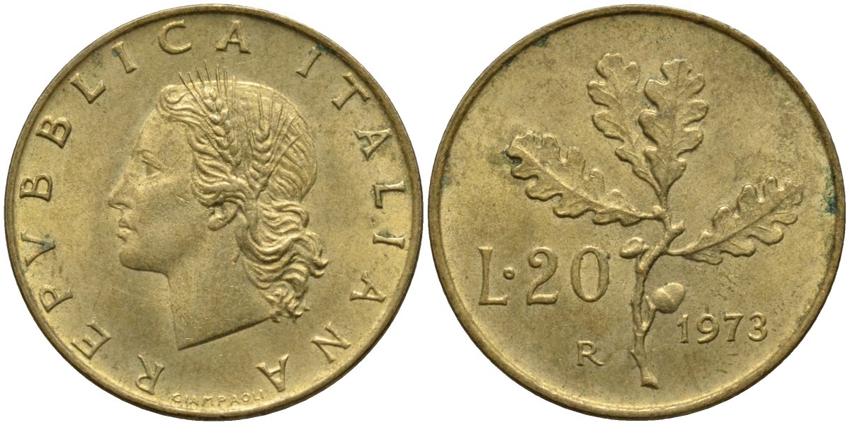 Италия 20 лир 1973 R, дубовая ветвь KM 97.2 алюминиевая бронза 4171-917