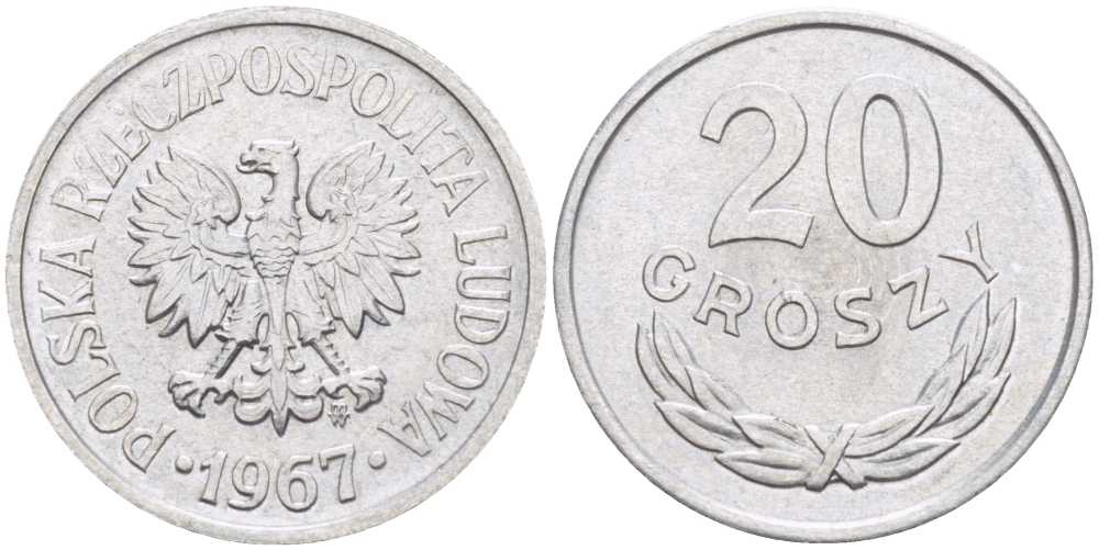 ПОЛЬША 20 ГРОШЕЙ 1967 MW KM А47 алюминий 201-453