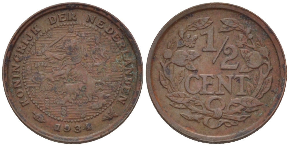 НИДЕРЛАНДЫ 1/2 ЦЕНТА 1934 ВИЛЬГЕЛЬМИНА (1890-1948) KM 138 бронза 39-226