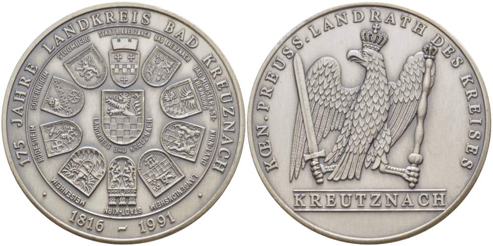 ГЕРМАНИЯ МЕДАЛЬ 1991 175 ЛЕТ РАЙОНУ БАД-КРОЙЦНАХ (1816-1991), ЗЕМЛЯ РЕЙЛАНД-ПФАЛЬЦ, ДИАМЕТР 42 ММ. белый металл 1084-9-13