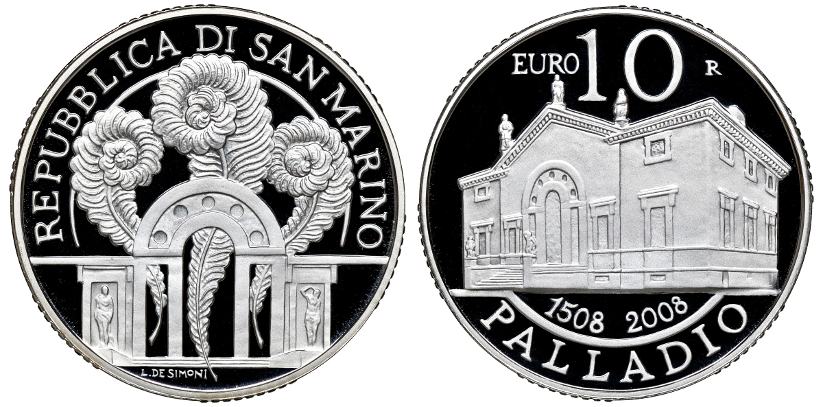 Сан-Марино 10 евро 2008 500 лет Андреа Палладио, в оригинальной коробке, сертификат KM 514 серебро PROOF 2-5-2-10