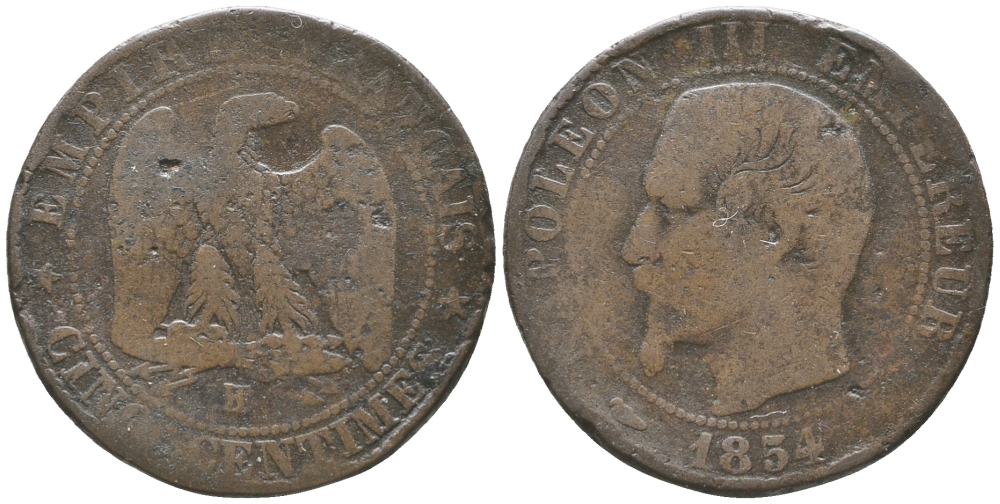 Франция 5 сантимов 1854 BB, Наполеон III (1852-1870) KM 777.3, Le Franc 116.10 бронза 34-441