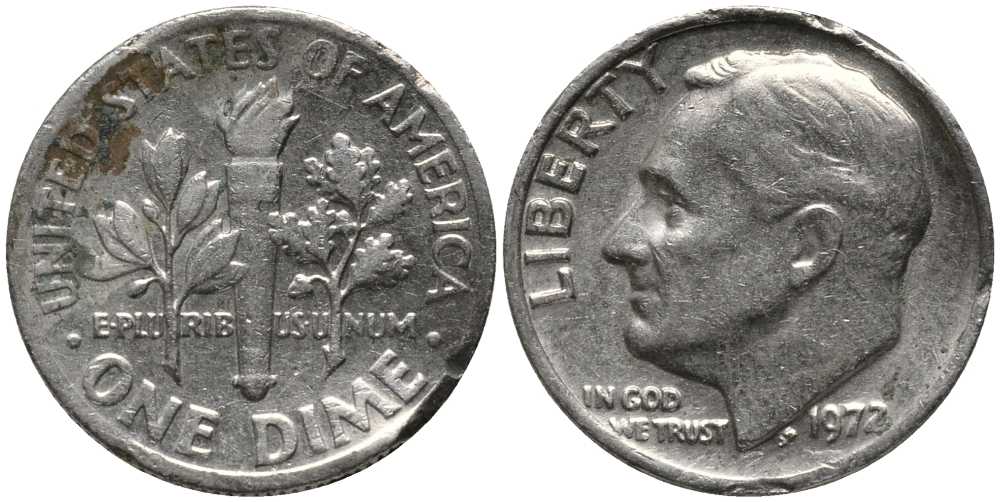 США 10 ЦЕНТОВ = 1 ДАЙМ 1972 РУЗВЕЛЬТ KM 195а медь плакированная медно-никелем 112-634