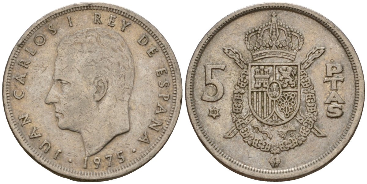 Испания 5 песет 1975 (80) Хуан Карлос I (1975-2014) KM 807 медно-никель 210-335