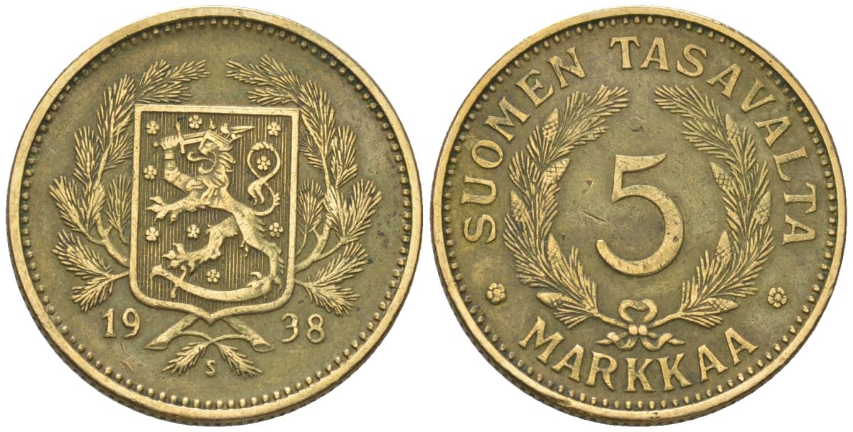 Финляндия 5 марок 1938 S KM 31 алюминиевая бронза 00-00