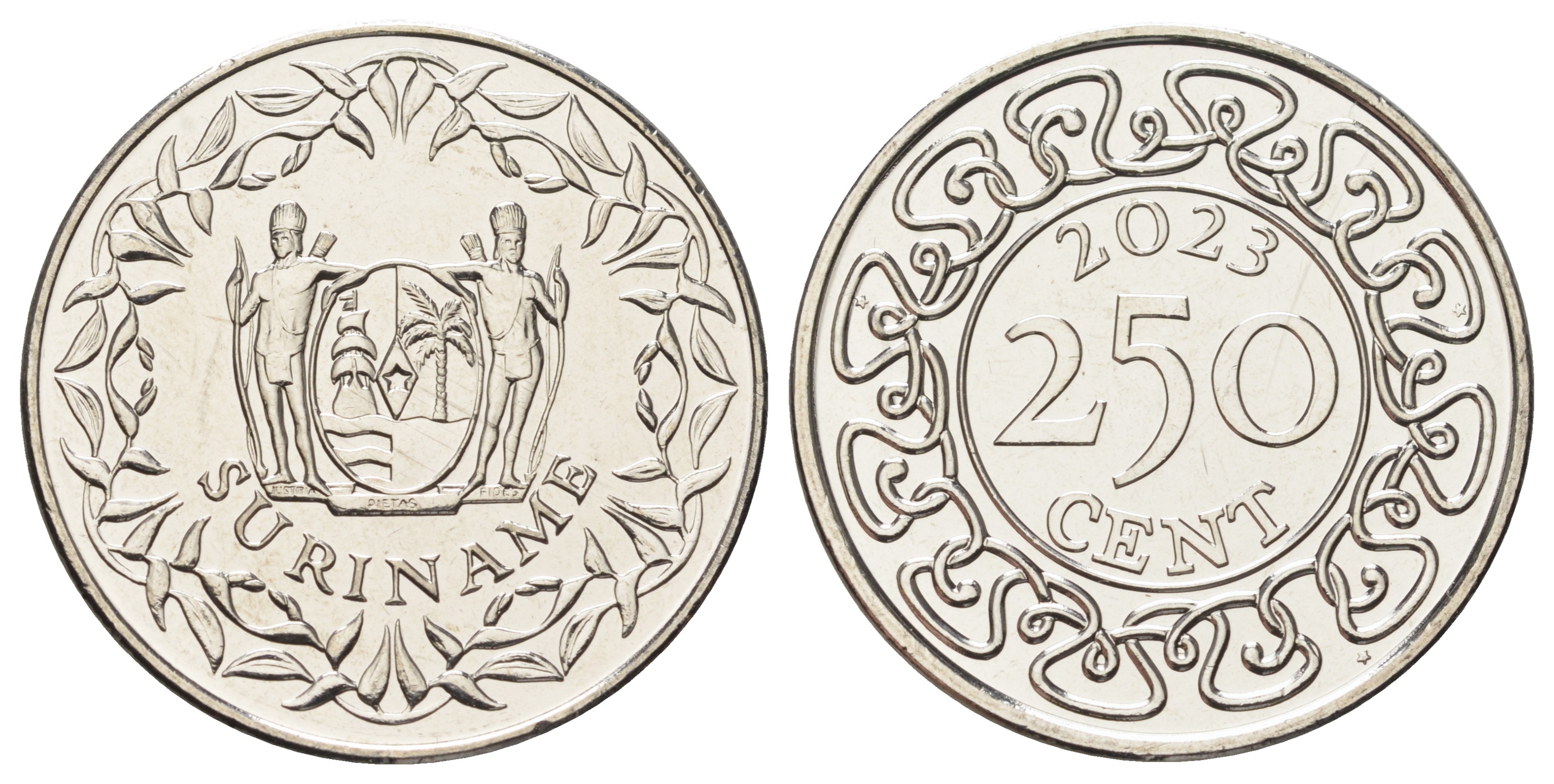 Суринам 250 центов 2023  KM NEW никелированная сталь  UNC 4403-441