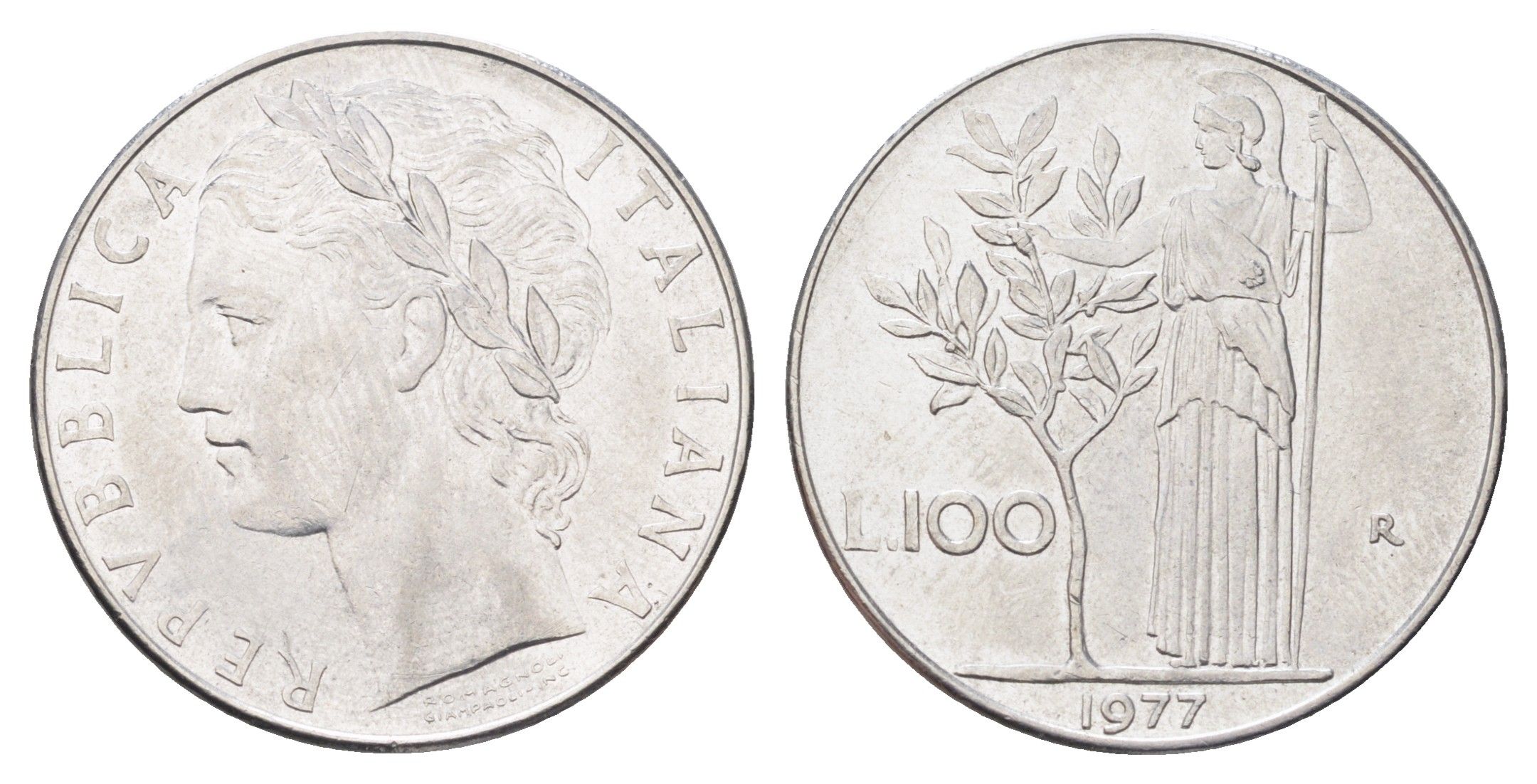Италия 100 лир 1977 R, Афина в доспехах KM 96.1 нержавеющая сталь 4704-737