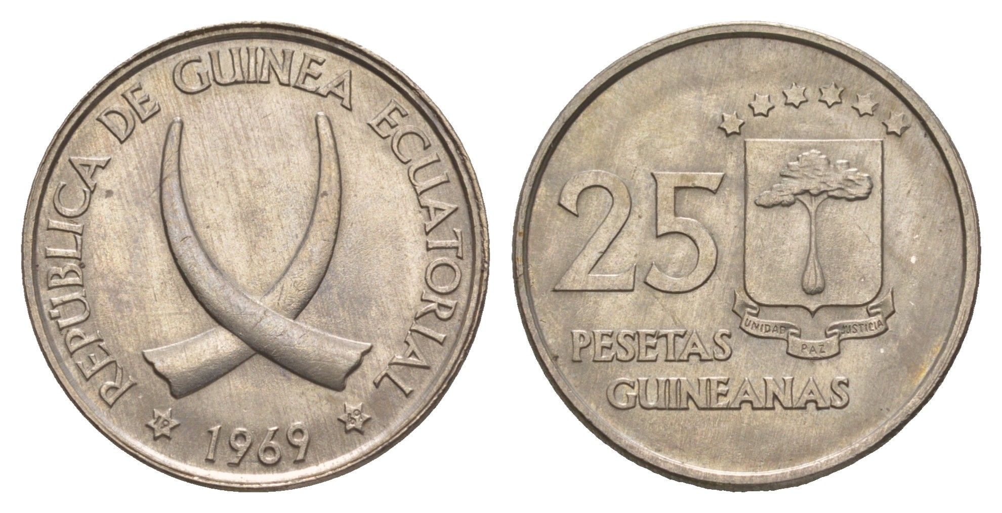 Экваториальная Гвинея 25 песет 1969 год-тип KM 3 медно-никель UNC 4657-1153