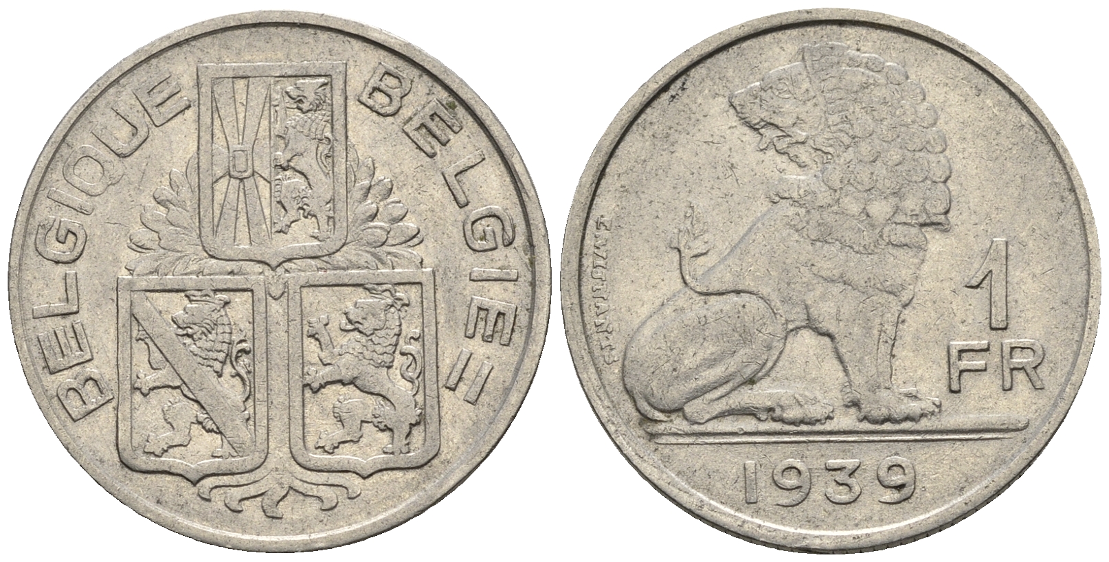 Бельгия 1 франк 1939 Леопольд III (1934-1950), Belgique-Belgie, лев KM 119 никель 85-913