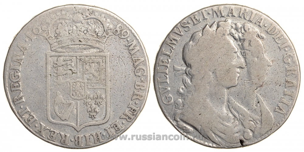 Англия 1/2 кроны 1689 Вильгельм III и Мария II (1688-1694) KM 472.1, Spink 3434 серебро 00-819-31