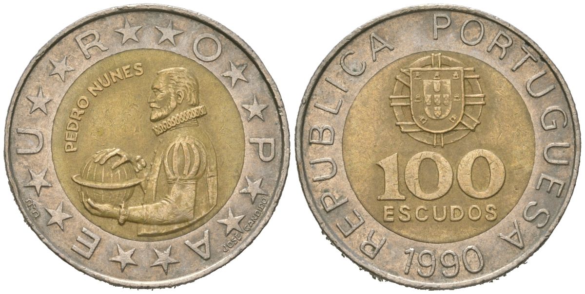 Португалия 100 эскудо 1990 Педру Нуниш (1502-1578), математик KM 645 биметалл aUNC 4616-1234
