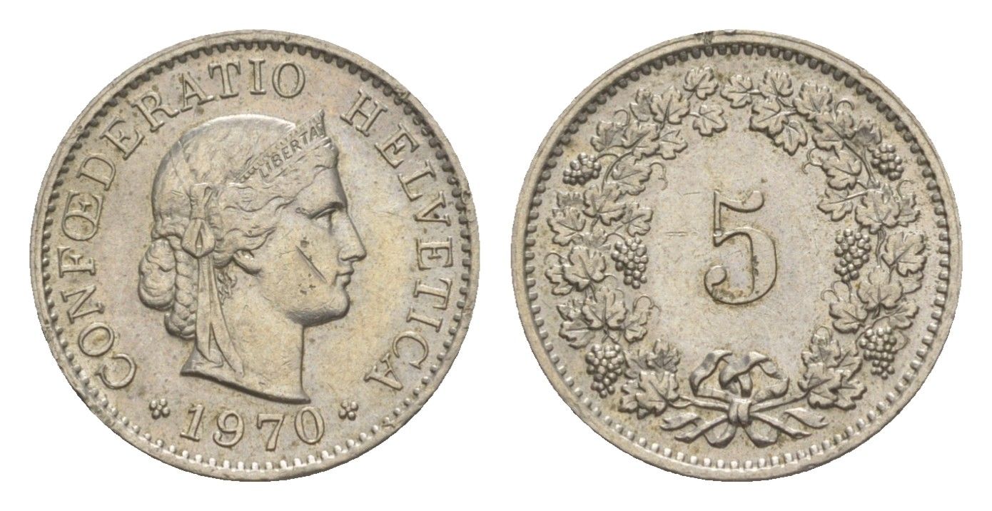 Швейцария 5 раппенов 1970 KM 26 медно-никель 4611-938
