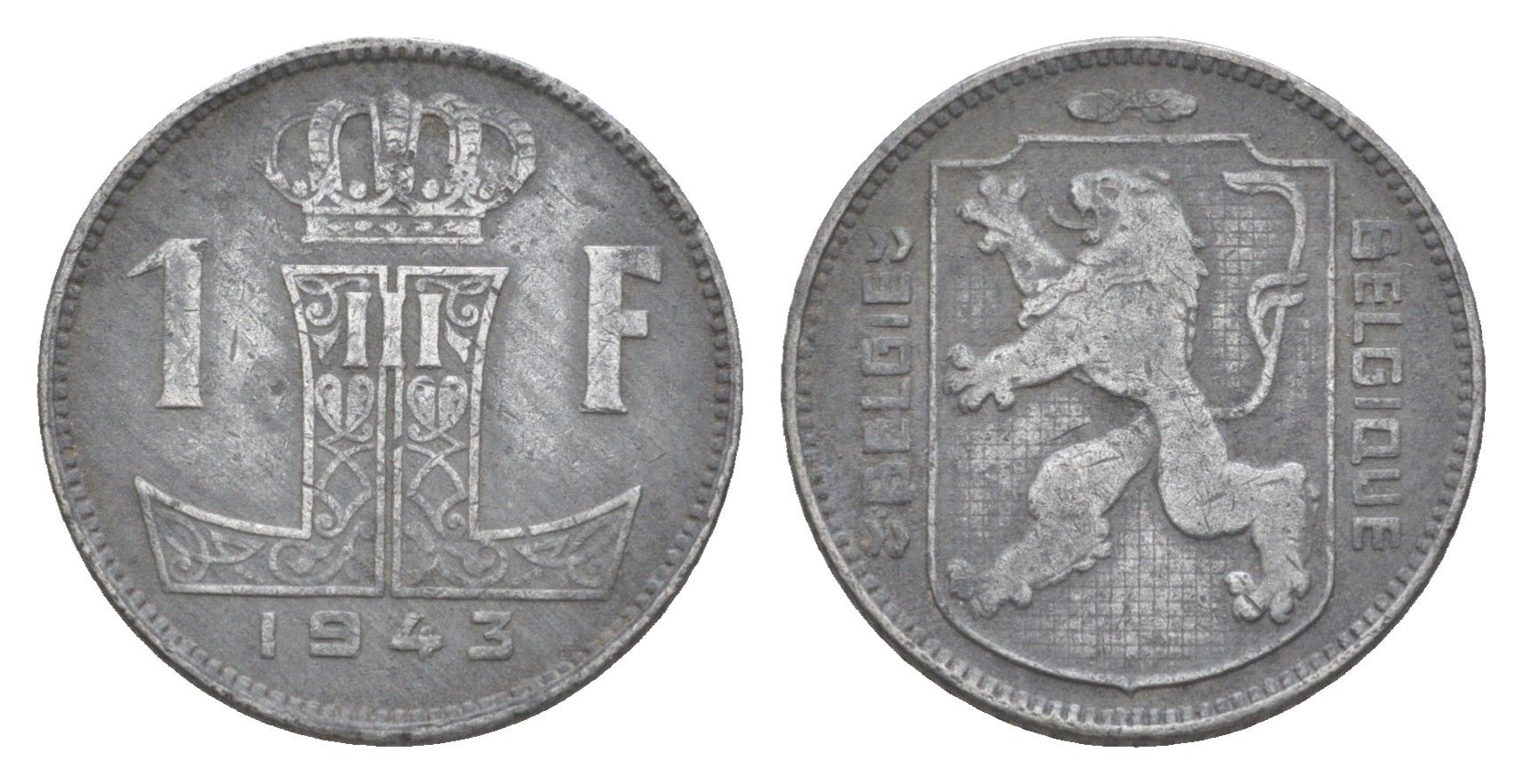 Бельгия 1 франк 1943 Belgie - Belgique, Леопольд III (1934-1951), германская оккупация, Вторая мировая война KM 128 цинк 4173-833