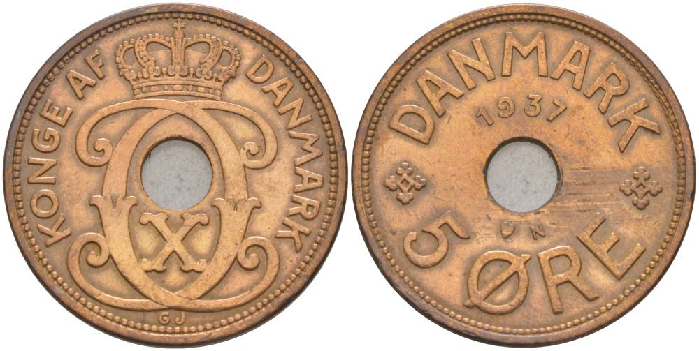 ДАНИЯ 5 ЭРЕ 1937 N; GJ, КРИСТИАН X (1912-1947) KM 828.2 бронза 69-534