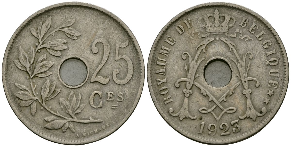 Бельгия 25 сантимов 1923 Belgique KM 68 медно-никель 4165-442