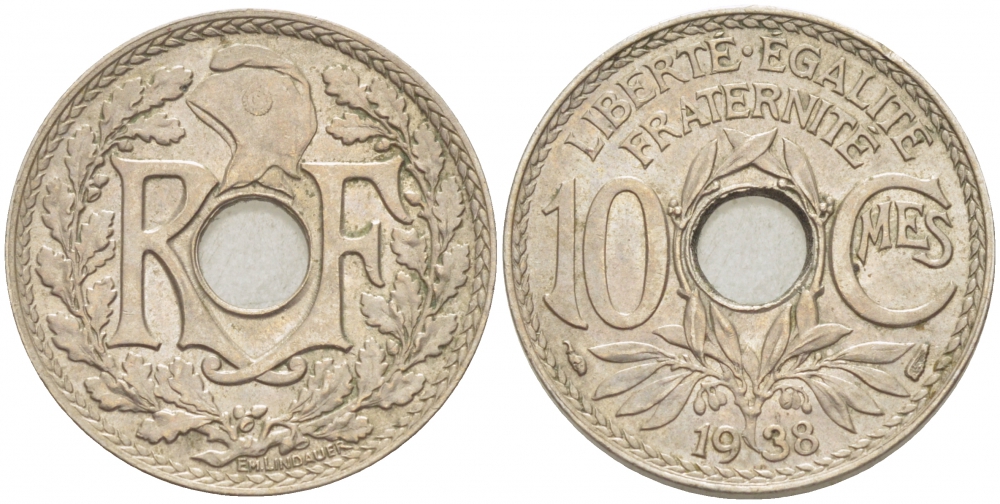 ФРАНЦИЯ 10 САНТИМОВ 1938 ТИП ЛИНДАЙЁ KM 866а, LE FRANC 138.25 медно-никель 4402-816