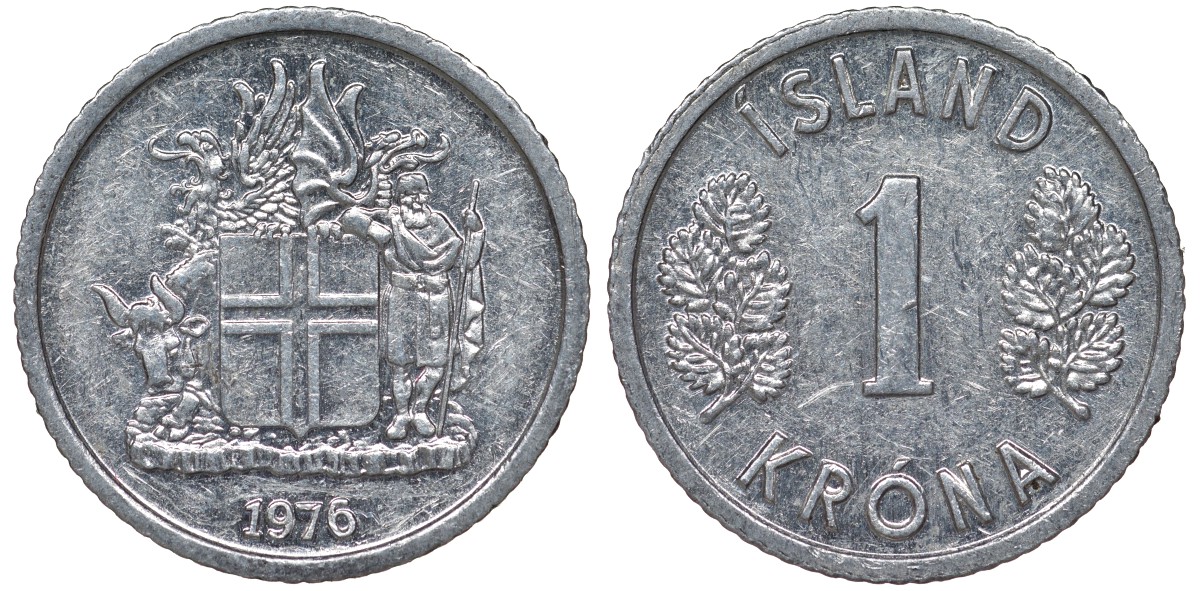 Исландия 1 крона 1976 KM 23 алюминий 4124-457