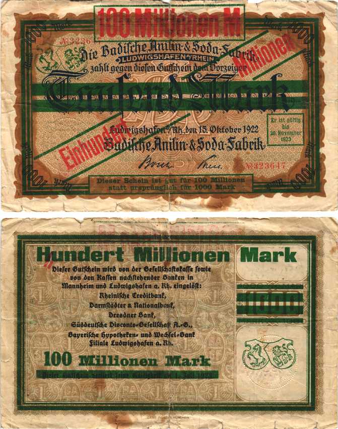 ЛЮДВИГСХАФЕН-НА-РЕЙНЕ 100000000 МАРОК 1923 НОТГЕЛЬД, badische anilin soda-fabrik, НАДПЕЧАТКА НА 1000 МАРОК 1922, ЗЕМЛЯ РЕЙЛАНД ПФАЛЬЦ бумага 6312-64-2