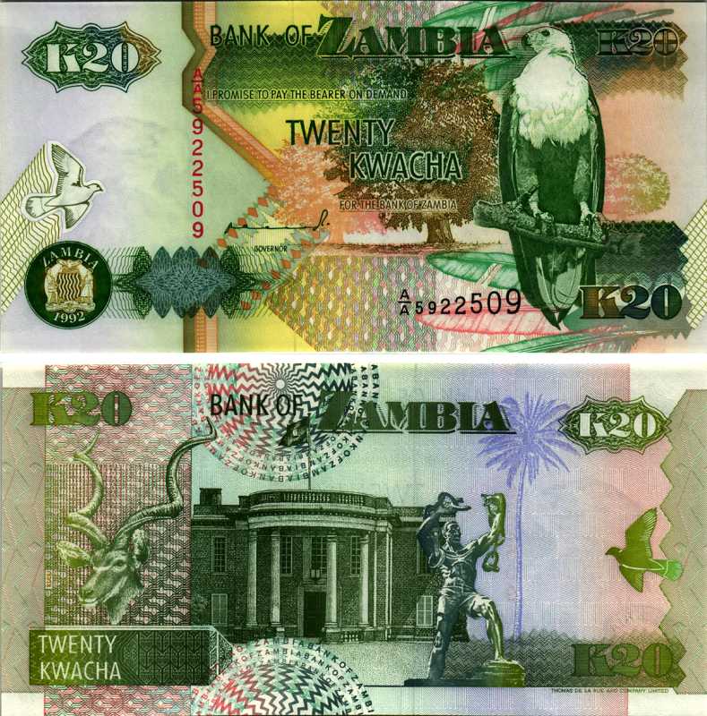 Замбия 20 квач 1992 орлан крикун, сайгак, президентский дворец, подпись Mulaisho Pick 36 a бумага UNC (пресс) 8605-21-4-1