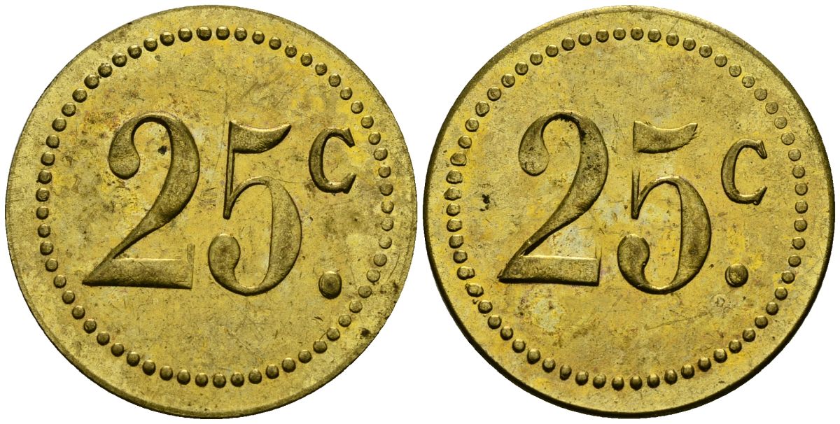 Франция 25†сантимов XIX-XX век ресторанный жетон латунь 4166-1114