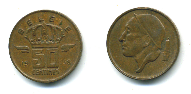 БЕЛЬГИЯ 50 САНТИМОВ 1958 BELGIE KM 149.1 бронза 86-755