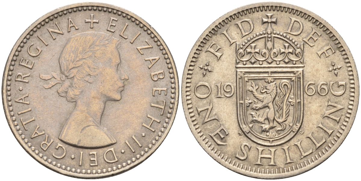 Великобритания 1 шиллинг 1966 Елизавета II (1952-2022), Шотландский герб KM 905, Spink 4148 медно-никель 4153-937