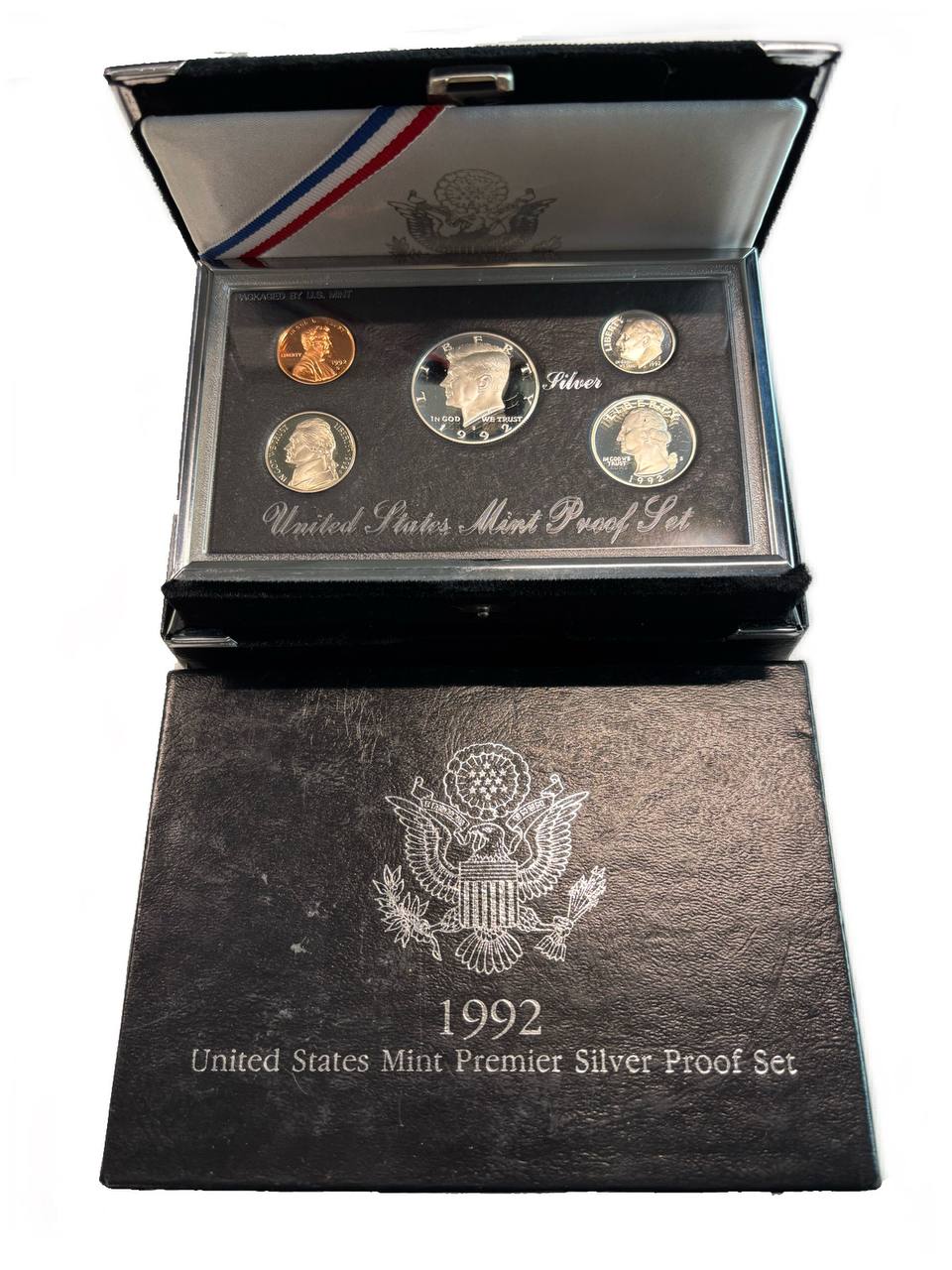 США официальный набор из 5 монет, в престижной упаковке 1992 S, Джон Кеннеди, в твердом пластике, Premier Silver Proof Set KM PS 172 серебро  PROOF  14-01-02-12