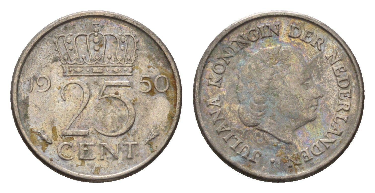 Нидерланды 25 центов 1950 Юлиана (1948-1980) KM 183 медно-никель 4611-1252