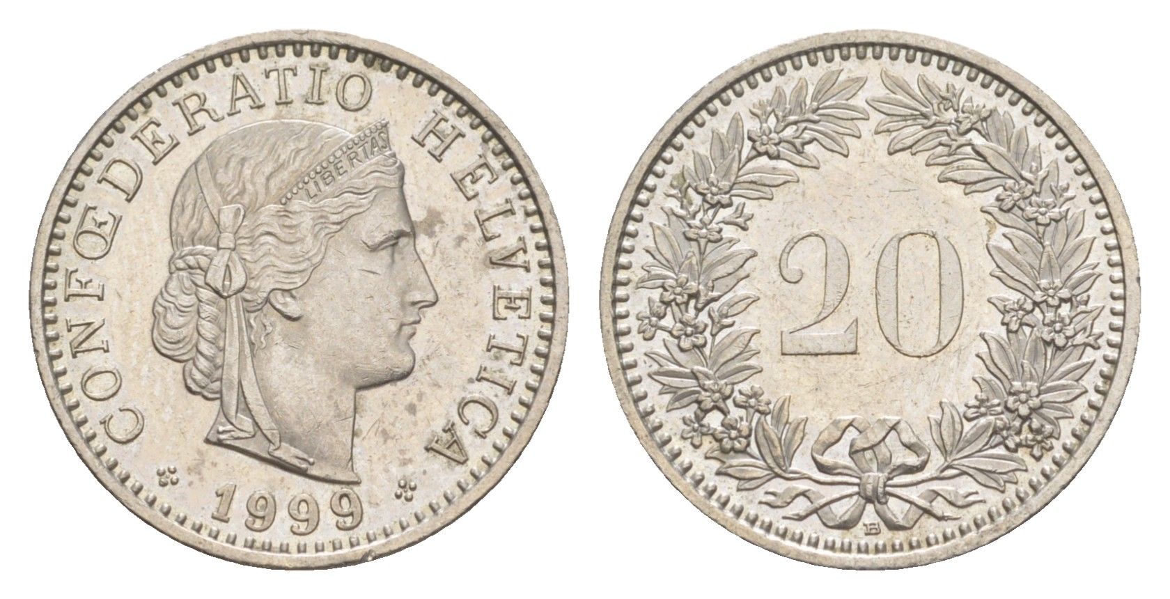 Швейцария 20 раппенов 1999 B KM 29a медно-никель 4623-556