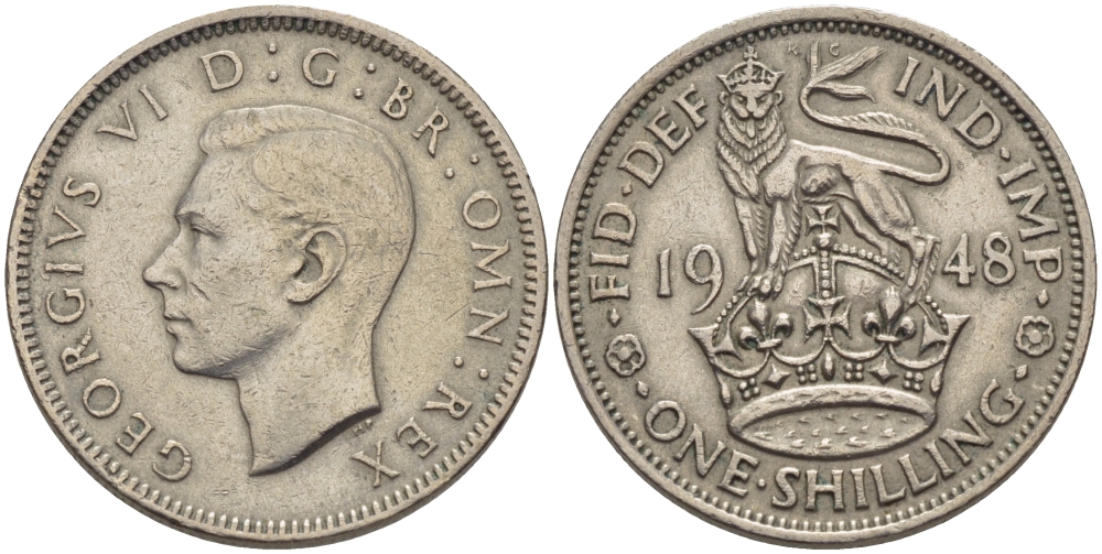 Великобритания 1 шиллинг 1948 Георг VI (1936-1952), Английский герб KM 863, Spink 4105 медно-никель 67-833
