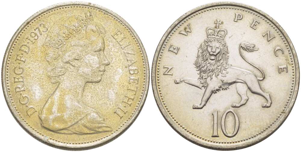 Великобритания 10 пенсов 1973 Елизавета II (1952-2022) KM 912, Spink 4231 (F1) медно-никель 4403-1215