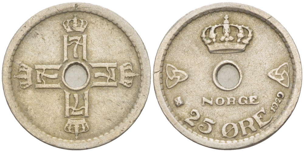 НОРВЕГИЯ 25 ЭРЕ 1929 ХОКОН VII (1905-1957) KM 384 медно-никель VF 3309-762