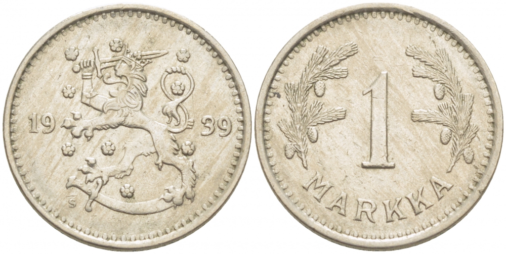 ФИНЛЯНДИЯ 1 МАРКА 1939 S KM 30 медно-никель 4523-212