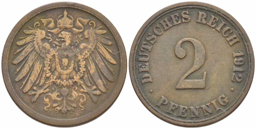Германия 2 пфеннига 1912 A KM 16, J. 11, Weege 4 медь 4532-536