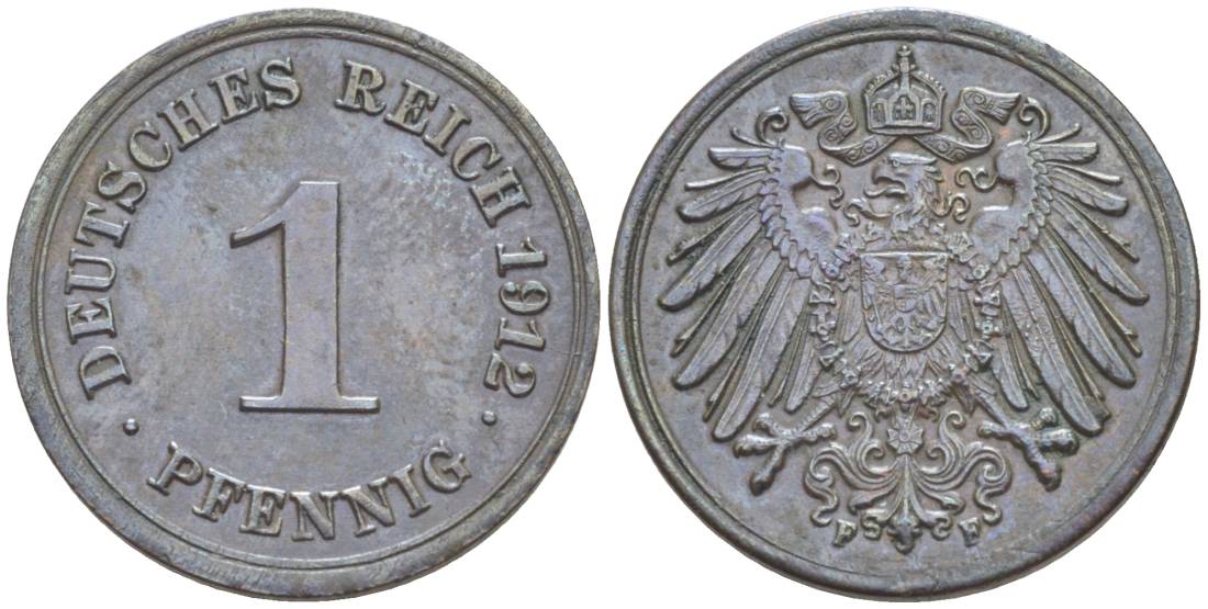 ГЕРМАНИЯ 1 ПФЕННИГ 1912 F KM 10, Jager. 10, Weege 2 медь 4528-866