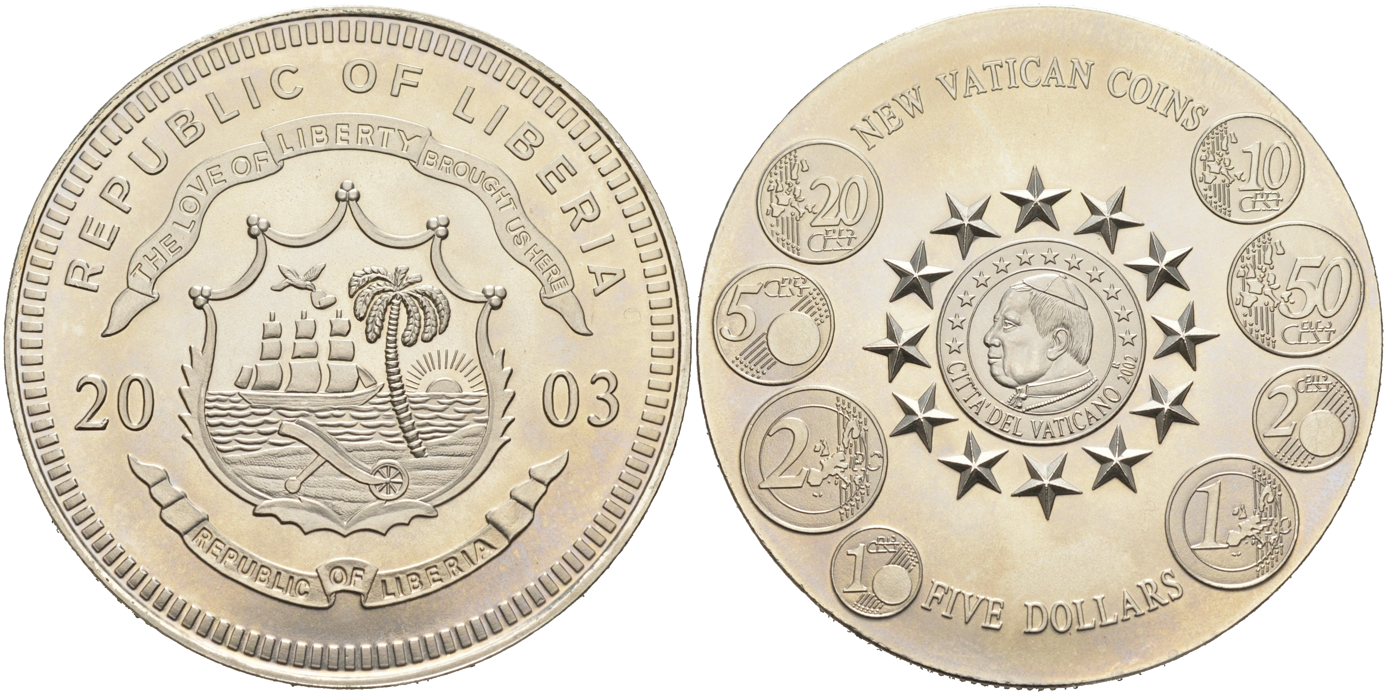 Либерия 5 долларов 2003 новые евромонеты Ватикана KM NEW медно-никель UNC 4558-824