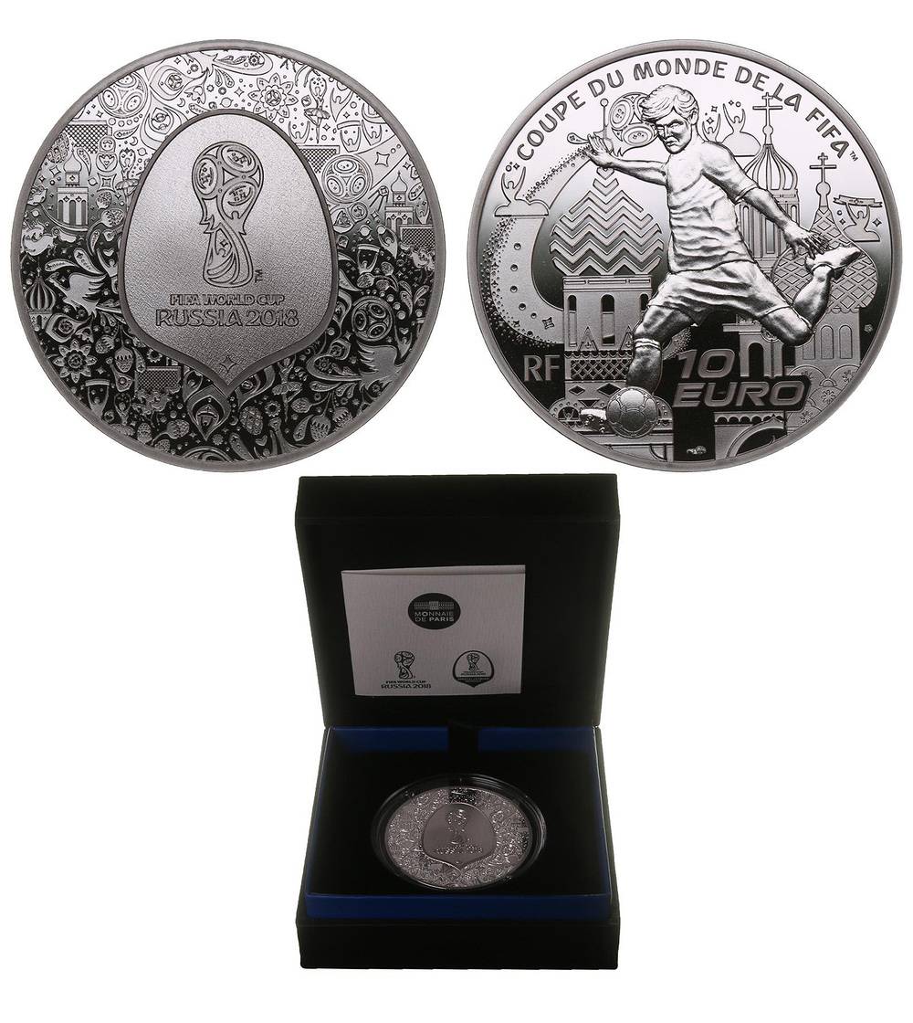 Франция 10 евро 2018 чемпионат мира по футболу в России, оригинальная коробка, сертификат KM NEW серебро PROOF 00-000-00