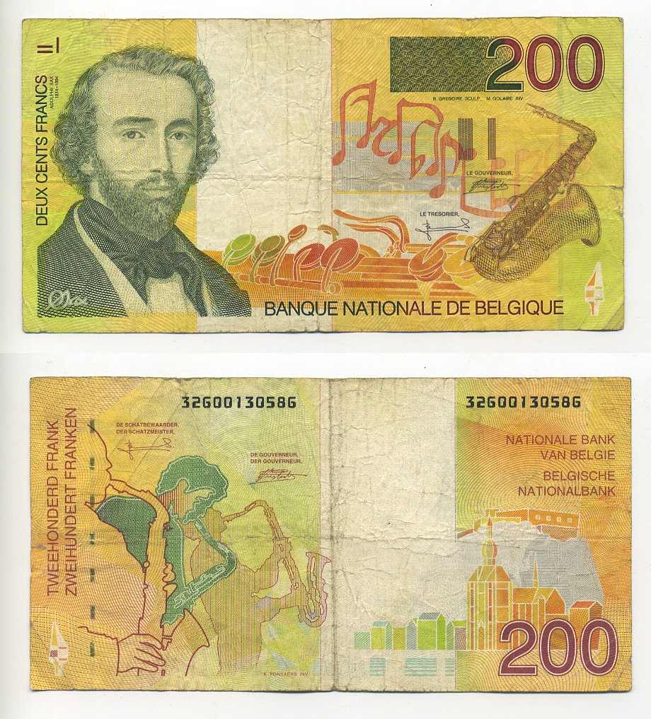 БЕЛЬГИЯ 200 ФРАНКОВ 1995 ПОДПИСЬ (5 И 15), БЕЛЬГИЙСКИЙ ИЗОБРЕТАТЕЛЬ МУЗЫКАЛЬНЫХ ИНСТРУМЕНТОВ АДОЛЬФ САКС (1814-1894) Pick 148 бумага 7203-50-1
